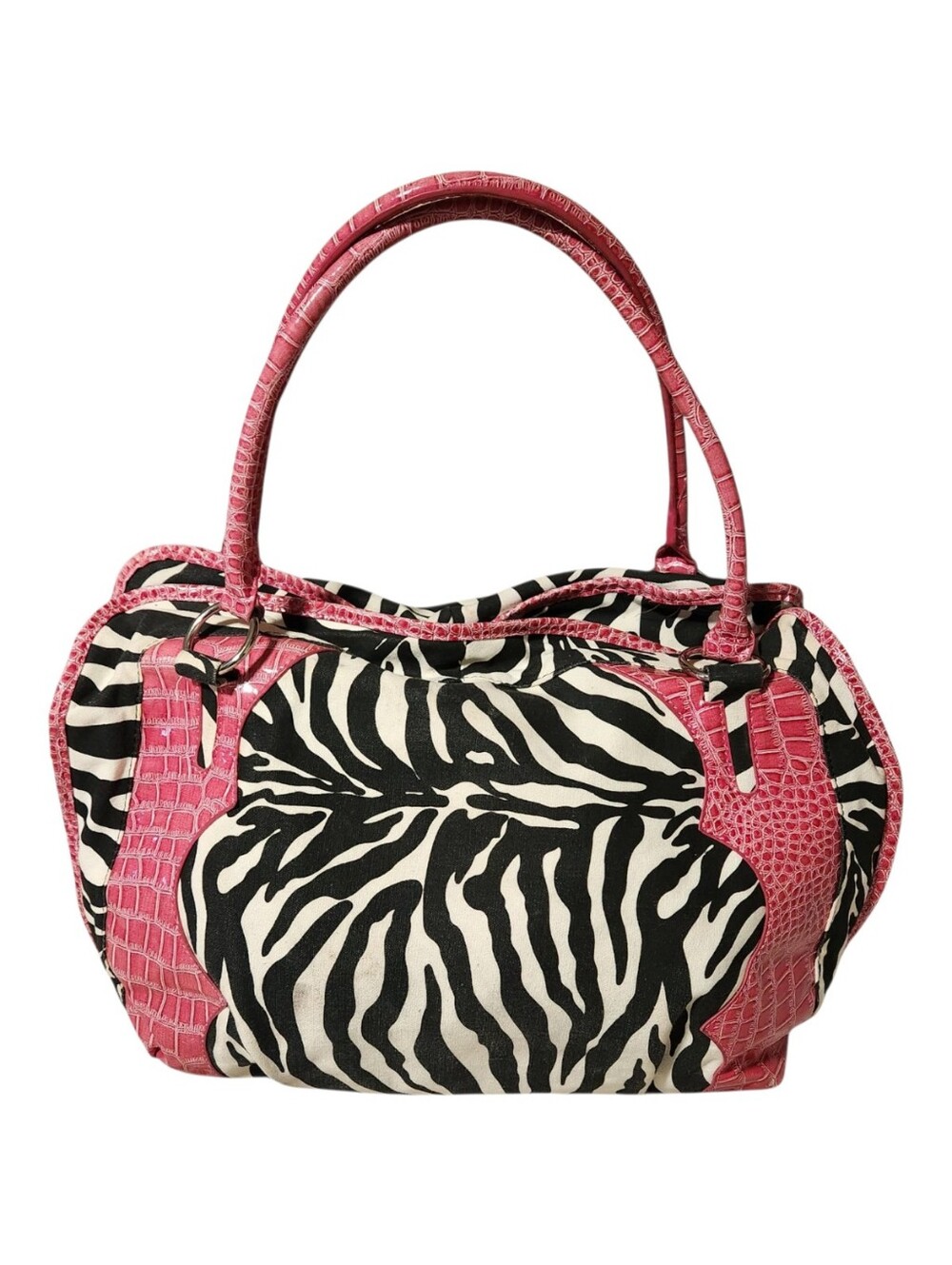 Y2K Zebra Print Satchel Bag Tattoo Heart Crown Pink Croc Trim Rhinestone Studded - Picture 2 of 12